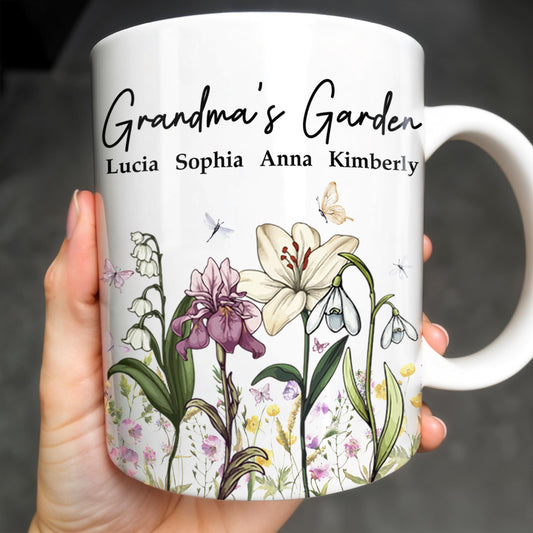 Jardin de grand-mère, fleurs et papillons – Tasse à café personnalisée – GRM072_MG