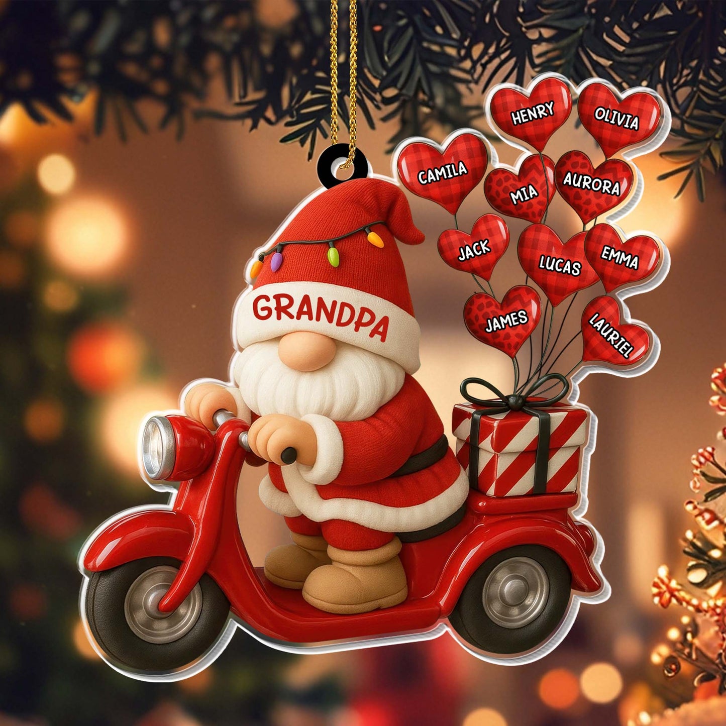 Décoration de Noël « Grand-mère Père Noël sur scooter » – Décoration personnalisée en acrylique, cadeau de Noël – GRM086_ACO