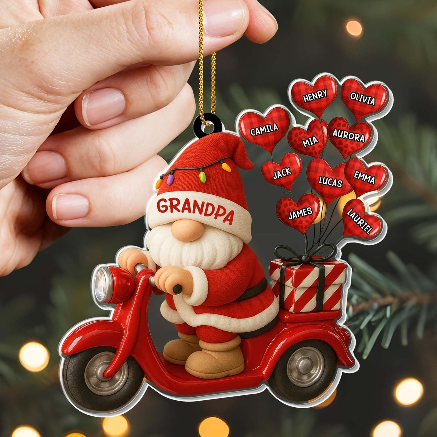 Décoration de Noël « Grand-mère Père Noël sur scooter » – Décoration personnalisée en acrylique, cadeau de Noël – GRM086_ACO