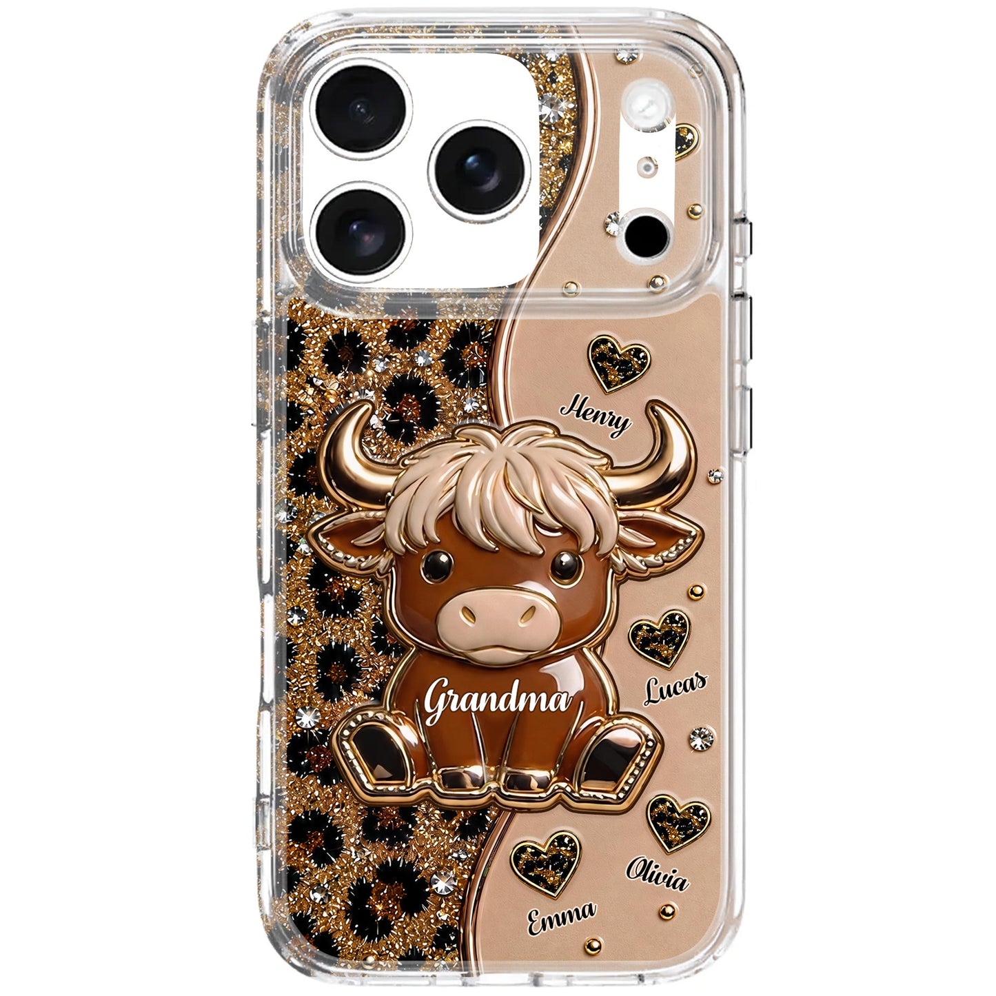 Grandma Highland Cow With Leopard Print And Hearts - Personalized Clear Phone Case - GRM138_PHC