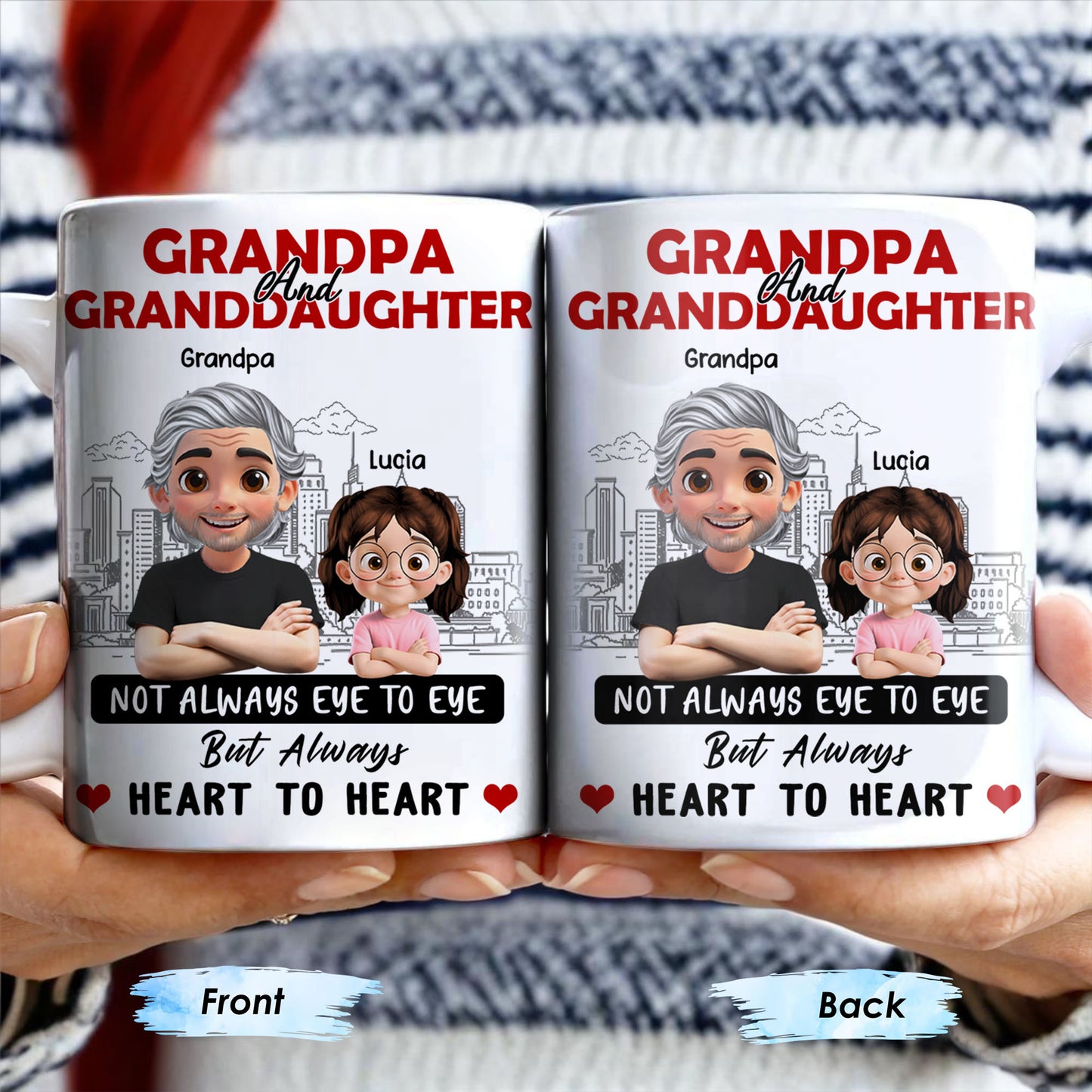 Grandpa And Granddaughter, Not Always Eye To Eye But Always Heart To Heart, Cartoon Characters and City Skyline