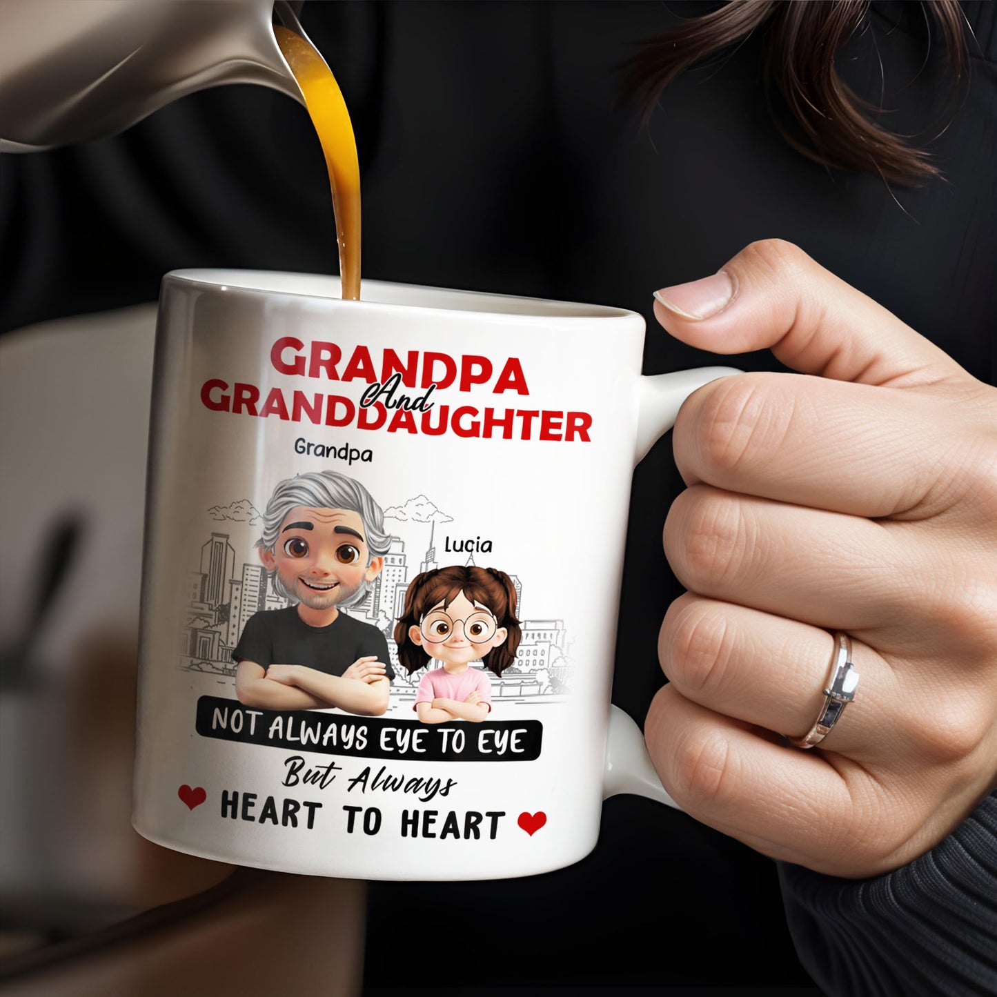 Grandpa And Granddaughter, Not Always Eye To Eye But Always Heart To Heart, Cartoon Characters and City Skyline