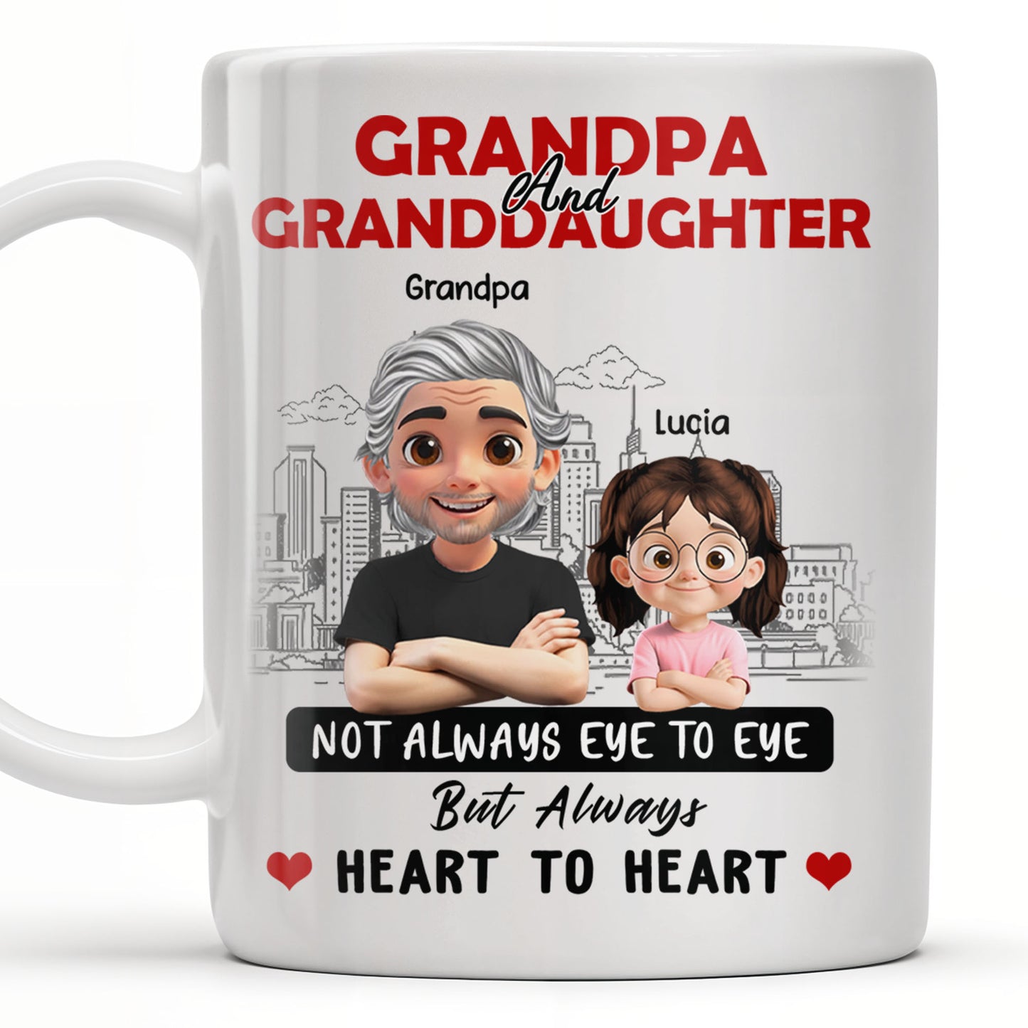 Grandpa And Granddaughter, Not Always Eye To Eye But Always Heart To Heart, Cartoon Characters and City Skyline