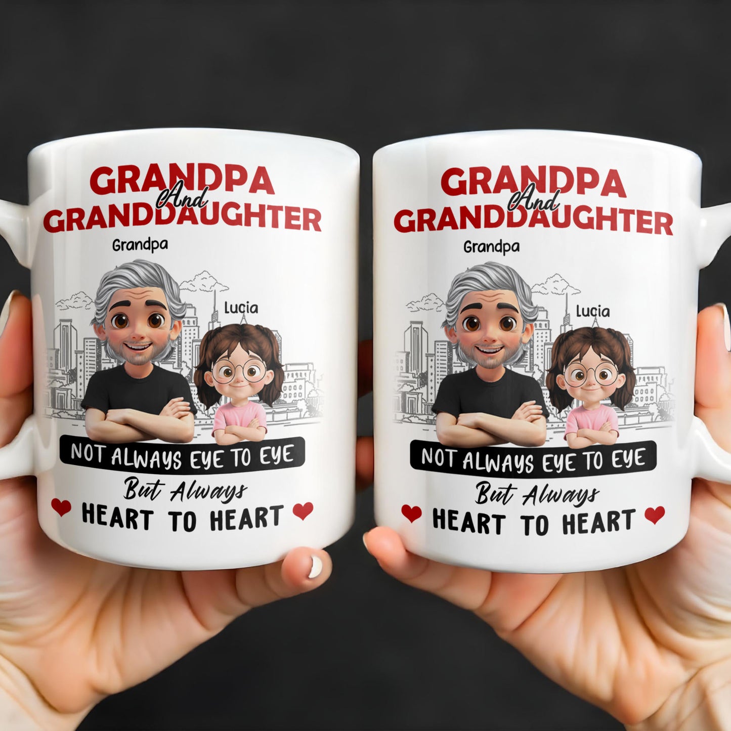 Grandpa And Granddaughter, Not Always Eye To Eye But Always Heart To Heart, Cartoon Characters and City Skyline
