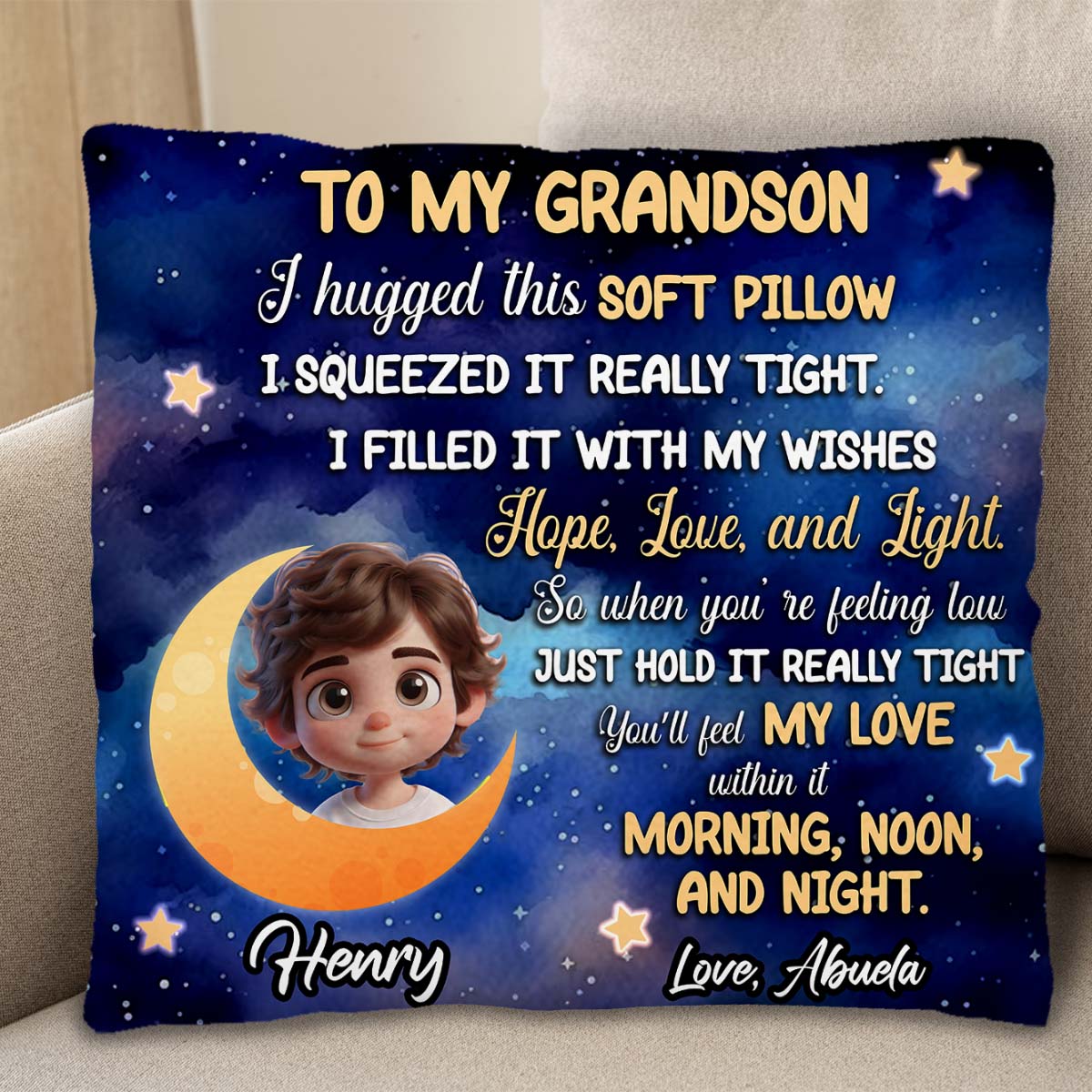 To My Grandson Love Hopes Wishes Moon And Stars Pillow