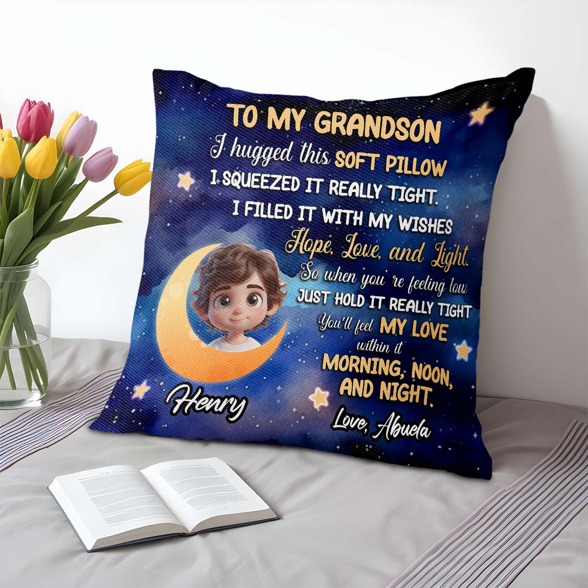 To My Grandson Love Hopes Wishes Moon And Stars Pillow
