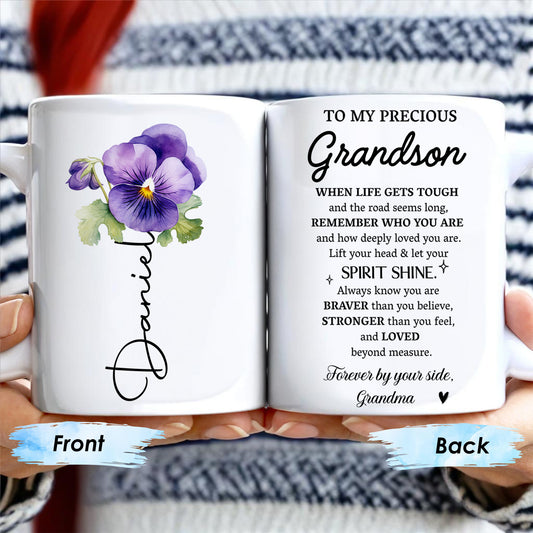 To My Grandson, Forever By Your Side, Encouragement Mug With Pansy Flower