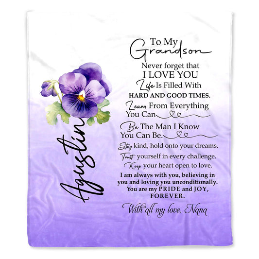 Loving Message From Grandma To Grandson With Flowers - Personalized Custom Blanket - GSN021_BLK