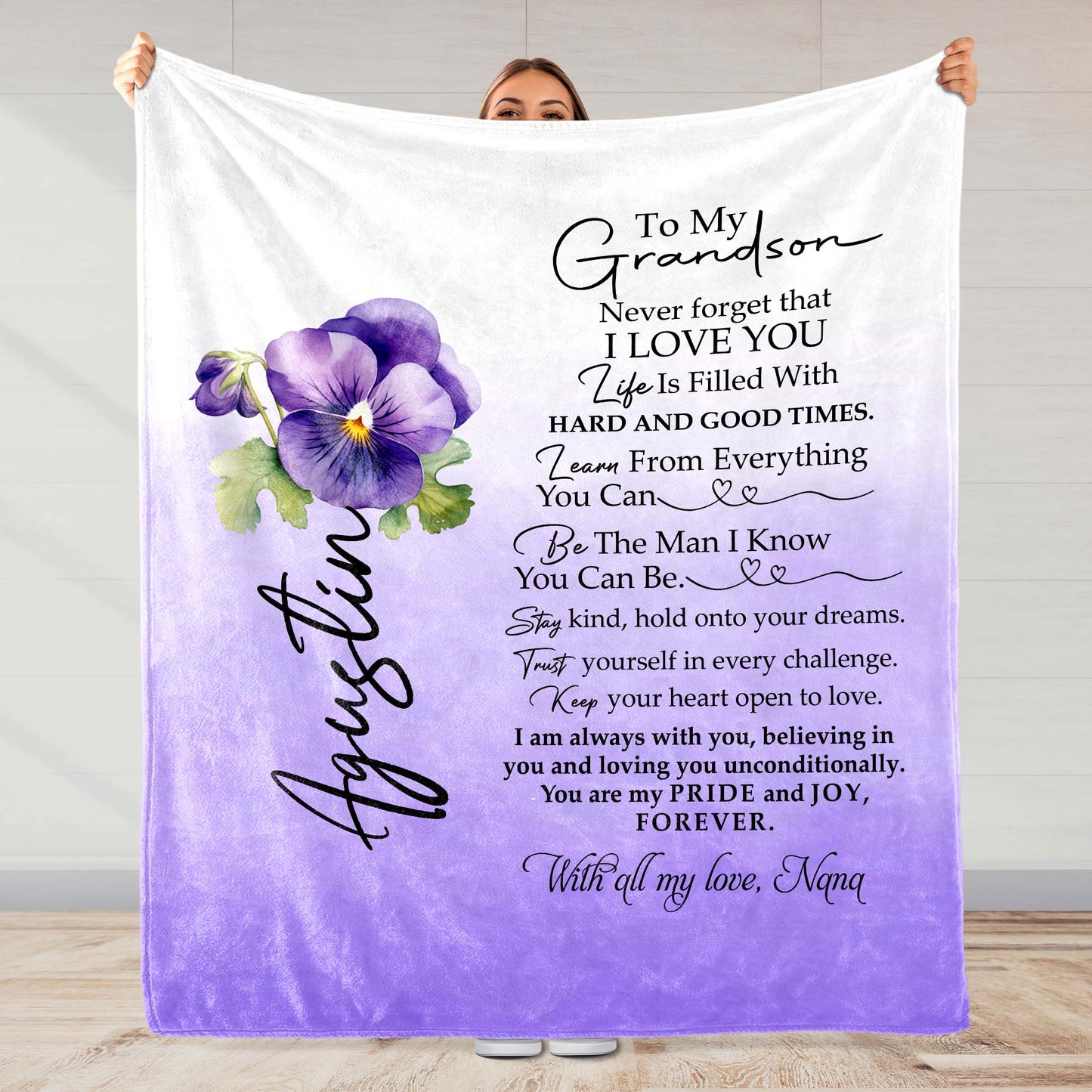Message d'amour de grand-mère à petit-fils avec fleurs - Couverture personnalisée - GSN021_BLK