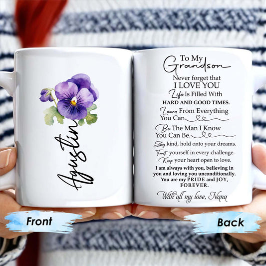 Message d'encouragement et d'amour pour mon petit-fils avec des fleurs de pensées - Tasse à café personnalisée - GSN021_MG