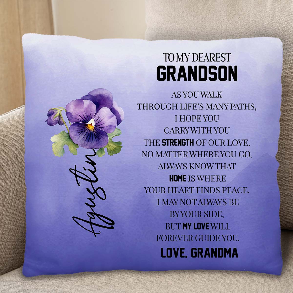 Grandson Love and Guidance Pansy Flower Pillow
