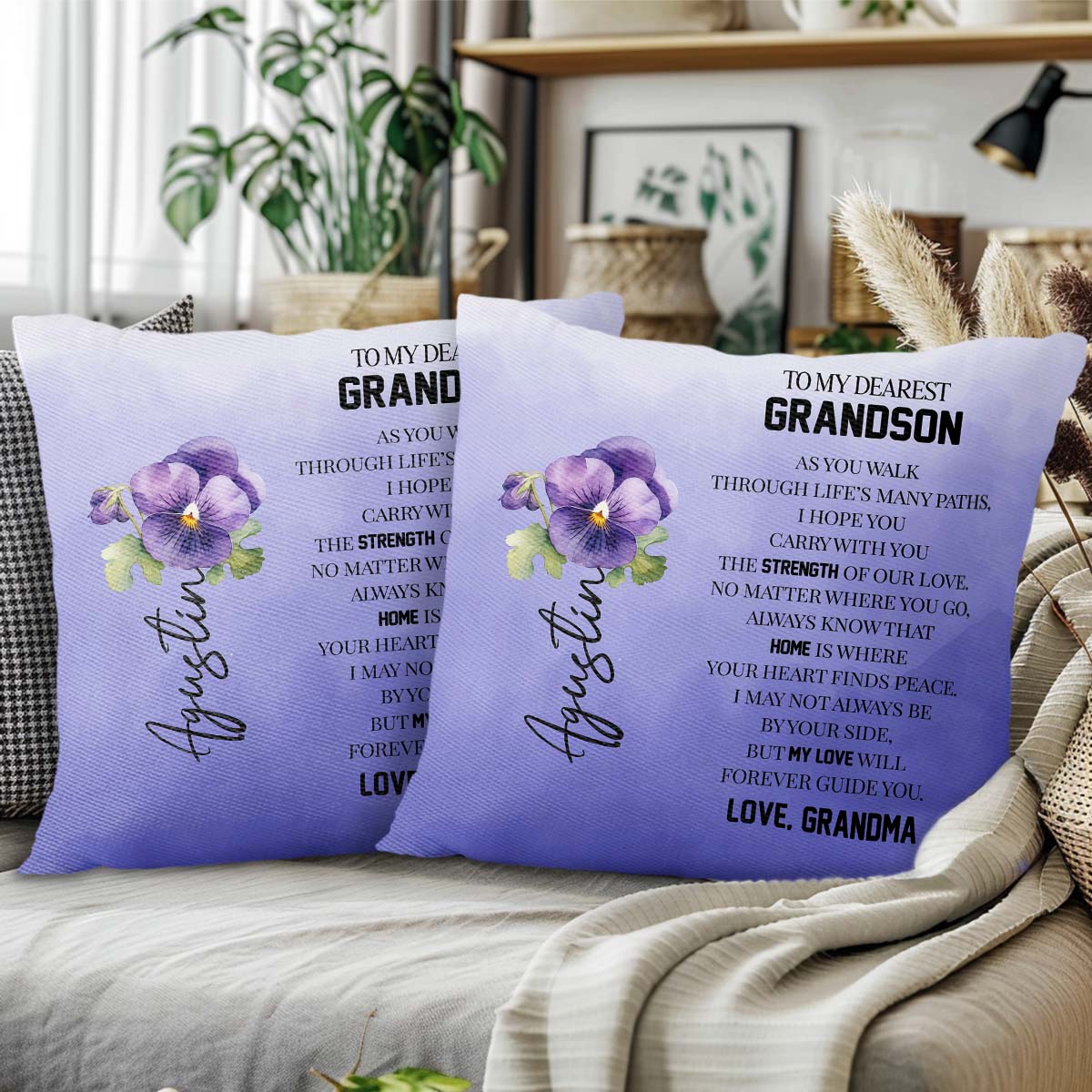 Grandson Love and Guidance Pansy Flower Pillow