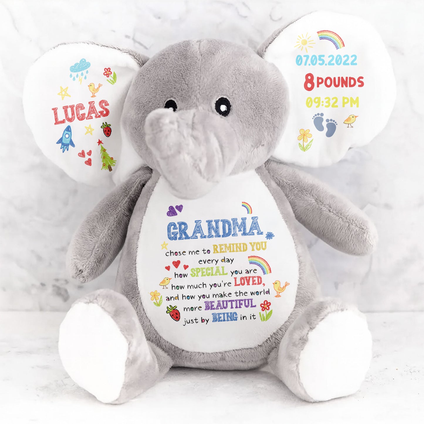 Grandma Chose Me To Remind You, Elephant With Hearts And Rainbow - Personalized Elephant Stuffed Animal, Elephant Doll - GSN026_ELEA