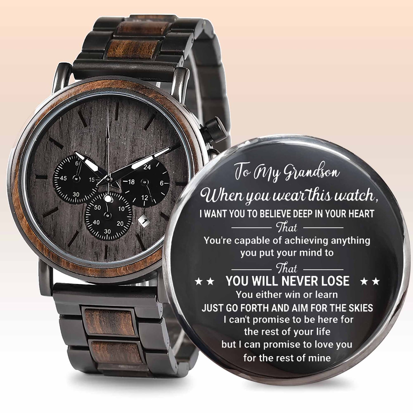 To My Grandson, Believe In Your Heart, Watch Design - Personalized Engraved Wooden Watches - GSN027_ENWA
