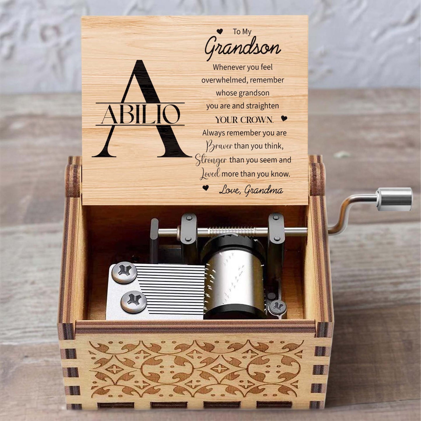 Grandson Crown And Heart Inspirational Quote Music Box - Custom Music Box With "You Are My Sunshine" Tune - GSN027_MZB