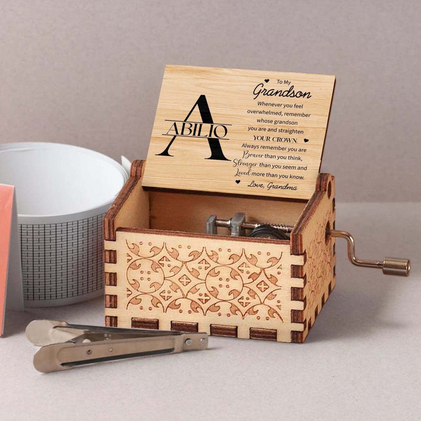 Grandson Crown And Heart Inspirational Quote Music Box - Custom Music Box With "You Are My Sunshine" Tune - GSN027_MZB