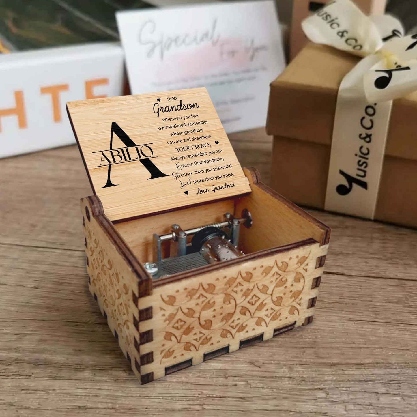 Grandson Crown And Heart Inspirational Quote Music Box - Custom Music Box With "You Are My Sunshine" Tune - GSN027_MZB