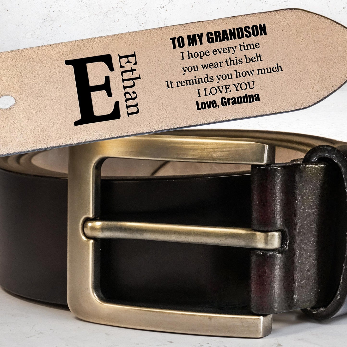 À mon petit-fils, j'espère que chaque fois que tu porteras cette ceinture, ceinture et boucle - Ceinture en cuir gravée personnalisée - GSN042_EBE