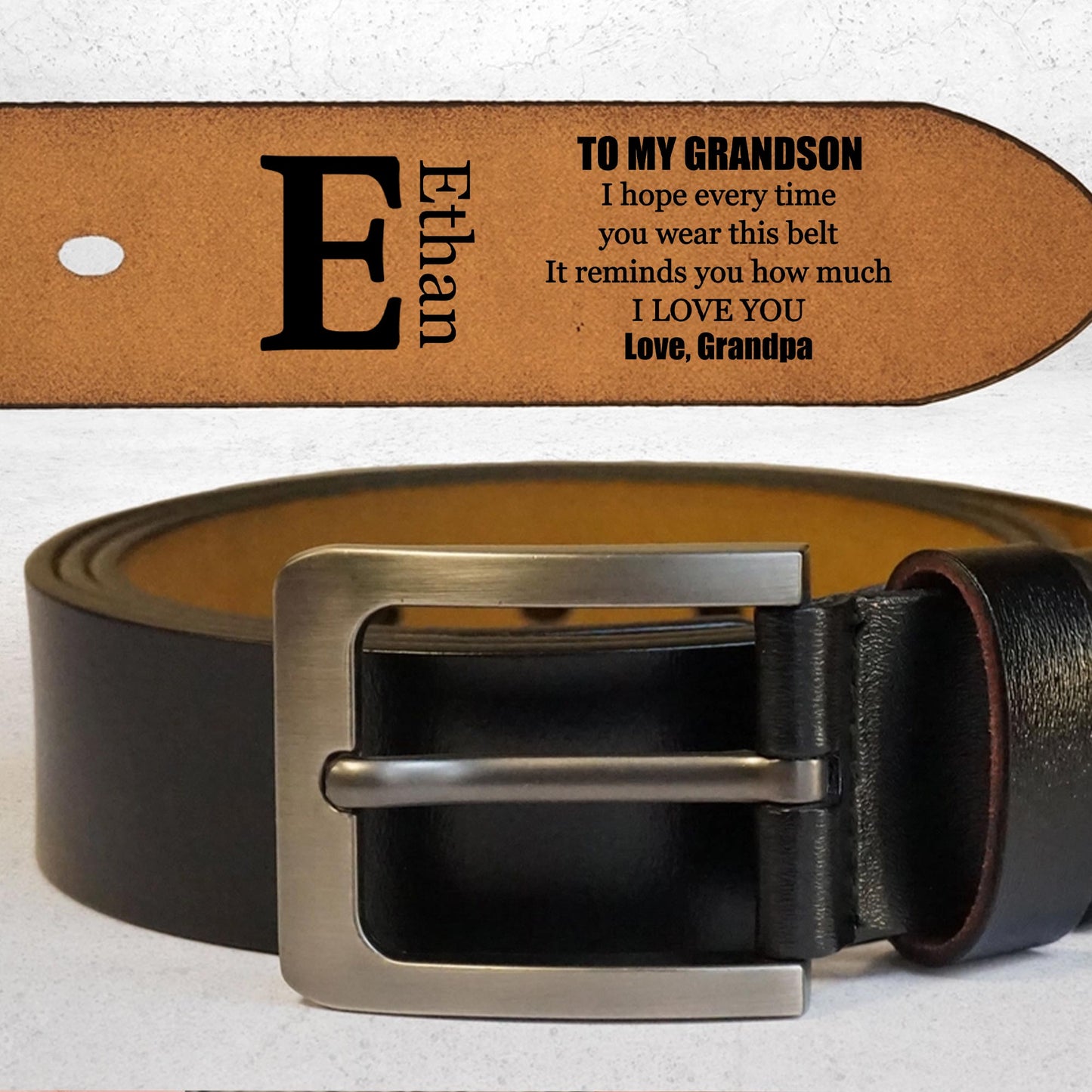 À mon petit-fils, j'espère que chaque fois que tu porteras cette ceinture, ceinture et boucle - Ceinture en cuir gravée personnalisée - GSN042_EBE