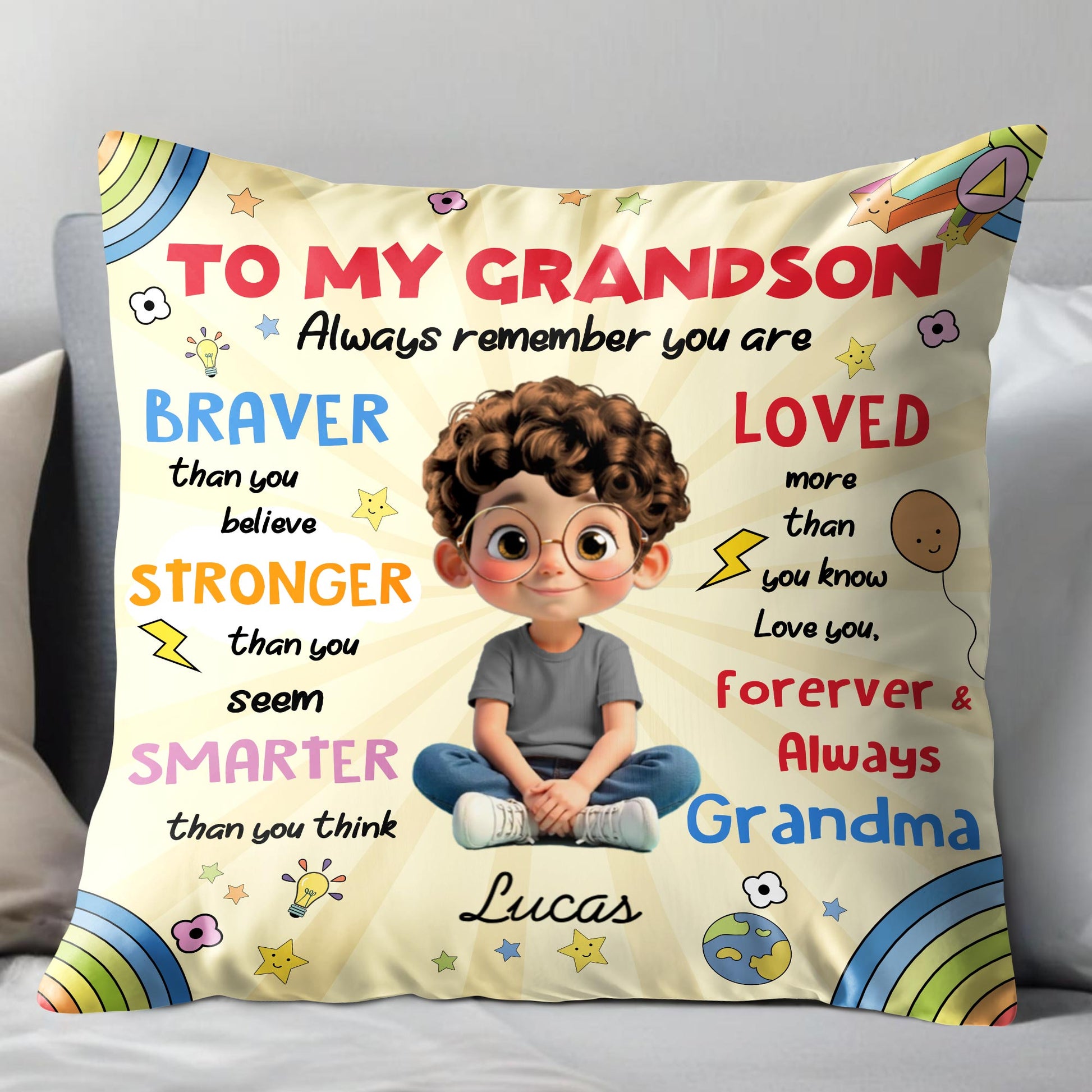 To My Grandson, Boy Stars Rocket Rainbow Pillow