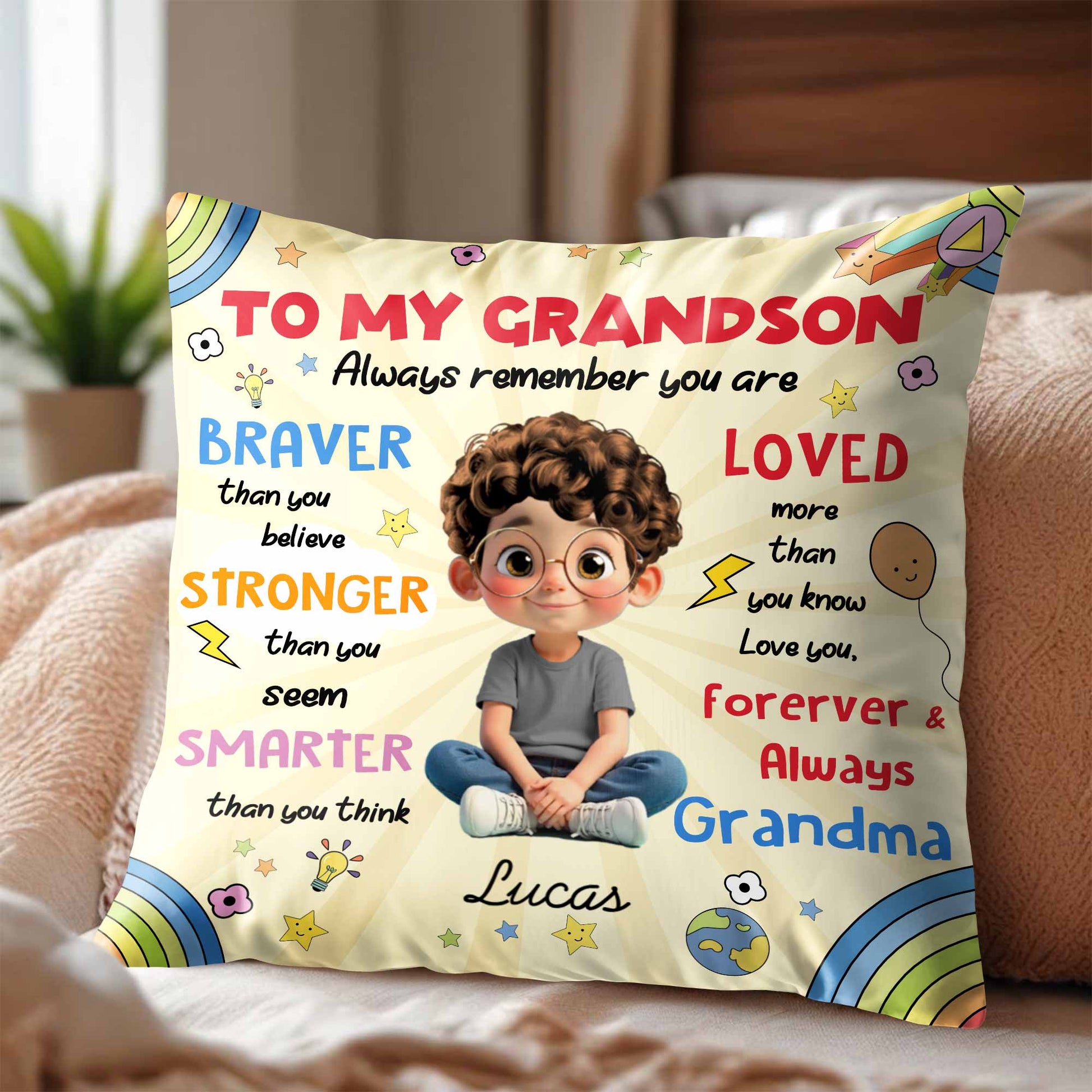 To My Grandson, Boy Stars Rocket Rainbow Pillow