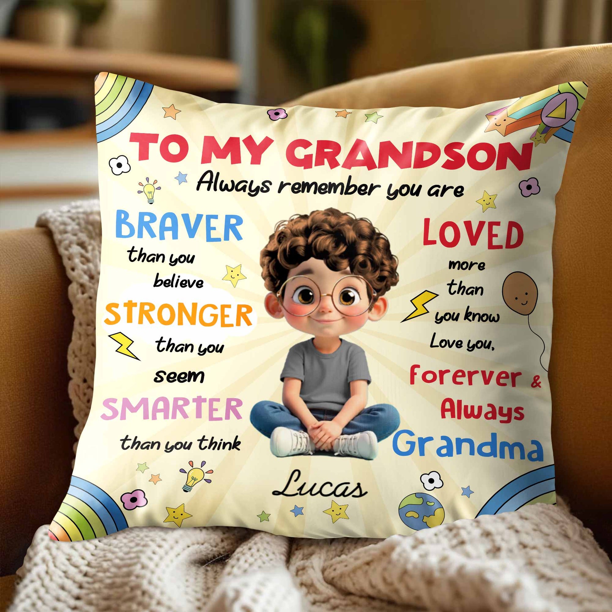 To My Grandson, Boy Stars Rocket Rainbow Pillow