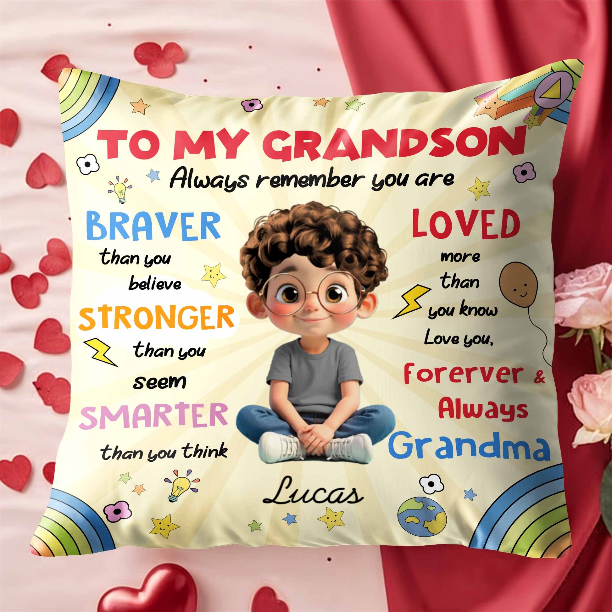 To My Grandson, Boy Stars Rocket Rainbow Pillow