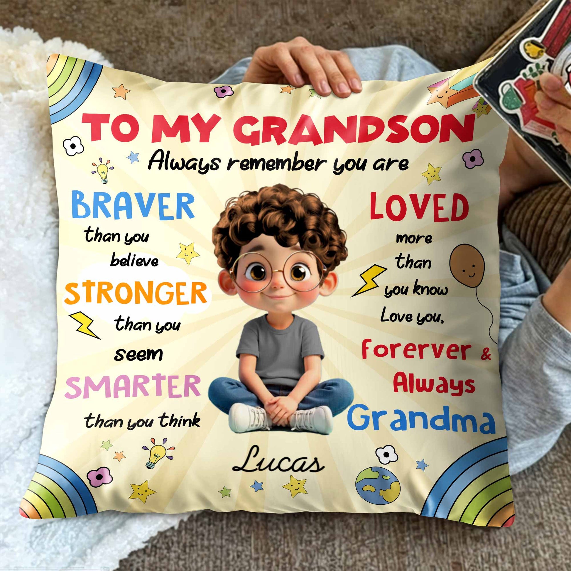 To My Grandson, Boy Stars Rocket Rainbow Pillow