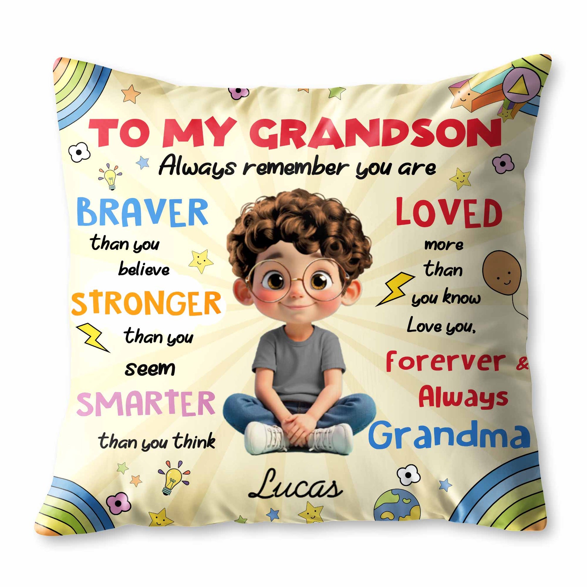 To My Grandson, Boy Stars Rocket Rainbow Pillow