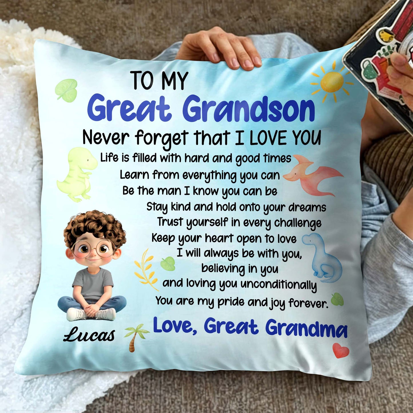 Never Forget That I LOVE YOU, Boy, Sun, Butterflies - Personalized Custom Pillow, Insert Included - GSN053_PLW