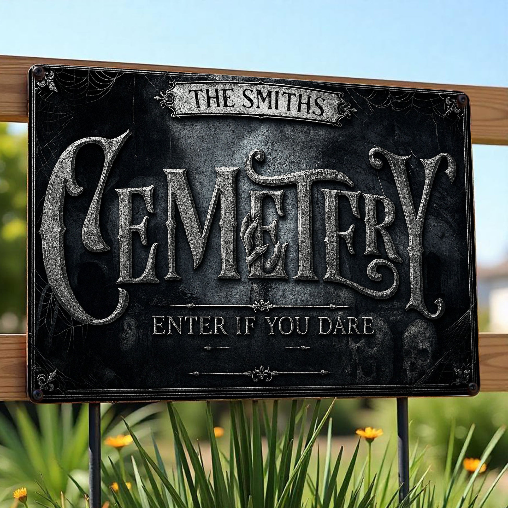 Cemetery Enter If You Dare With Spider Webs And Skulls