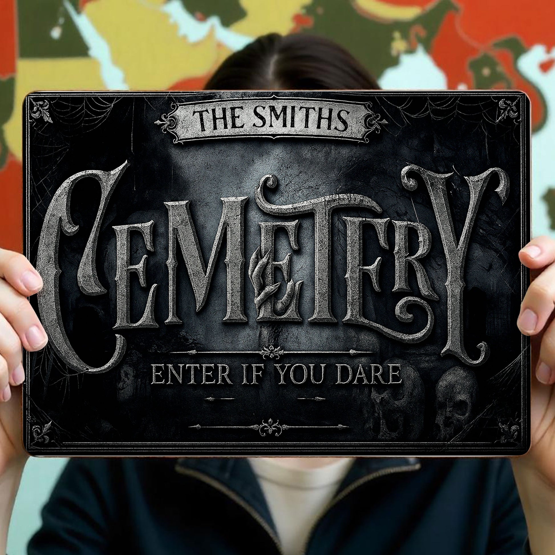 Cemetery Enter If You Dare With Spider Webs And Skulls