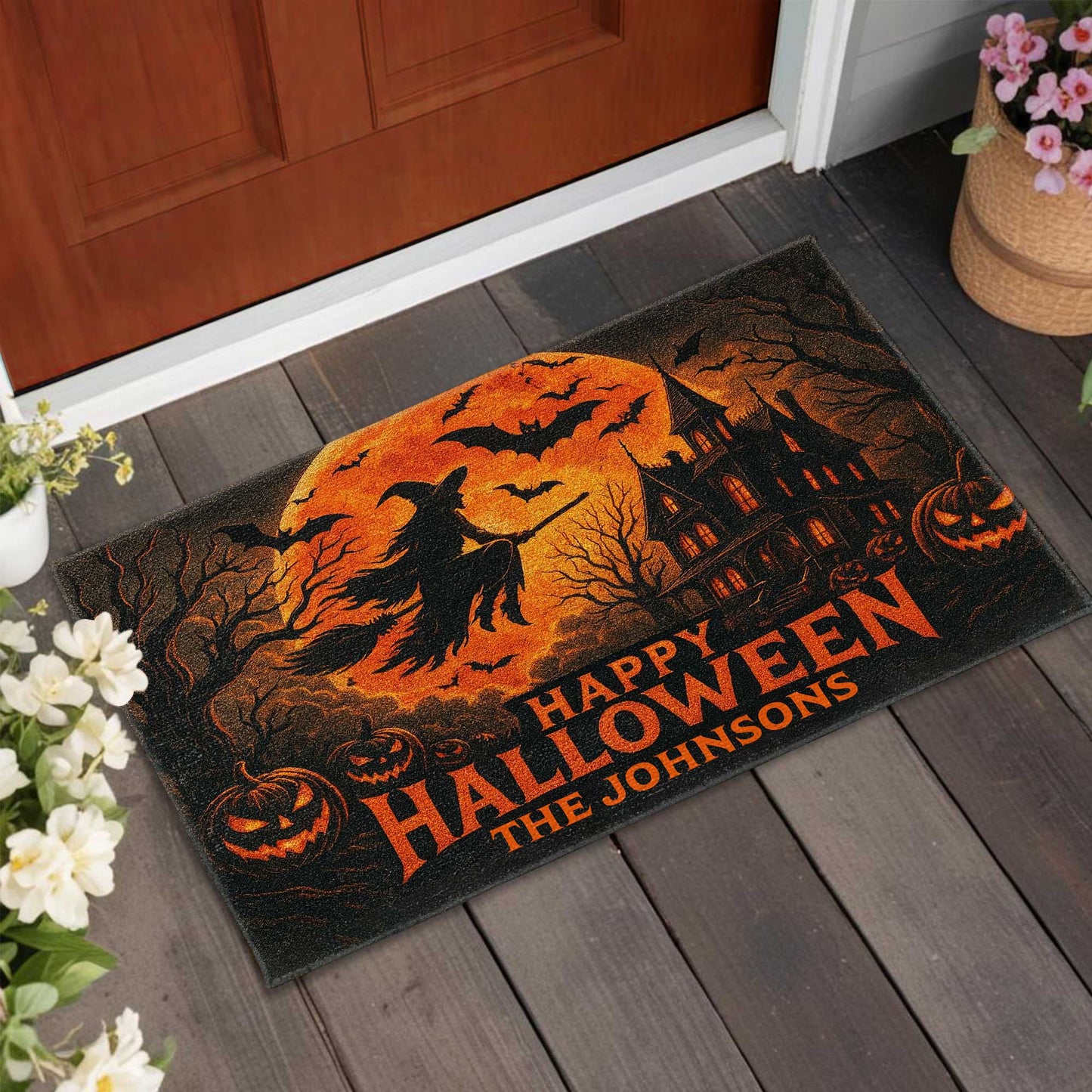 Happy Halloween Witch And Bats Design