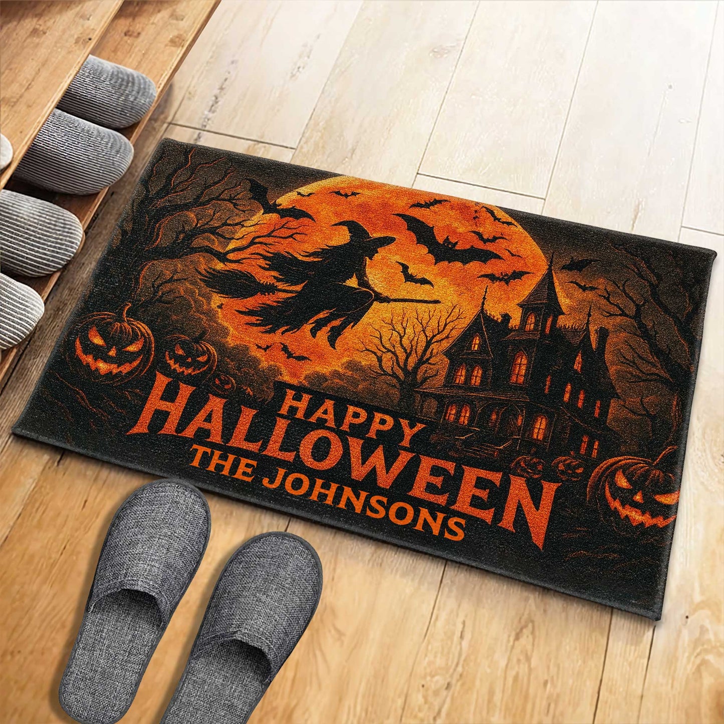 Happy Halloween Witch And Bats Design