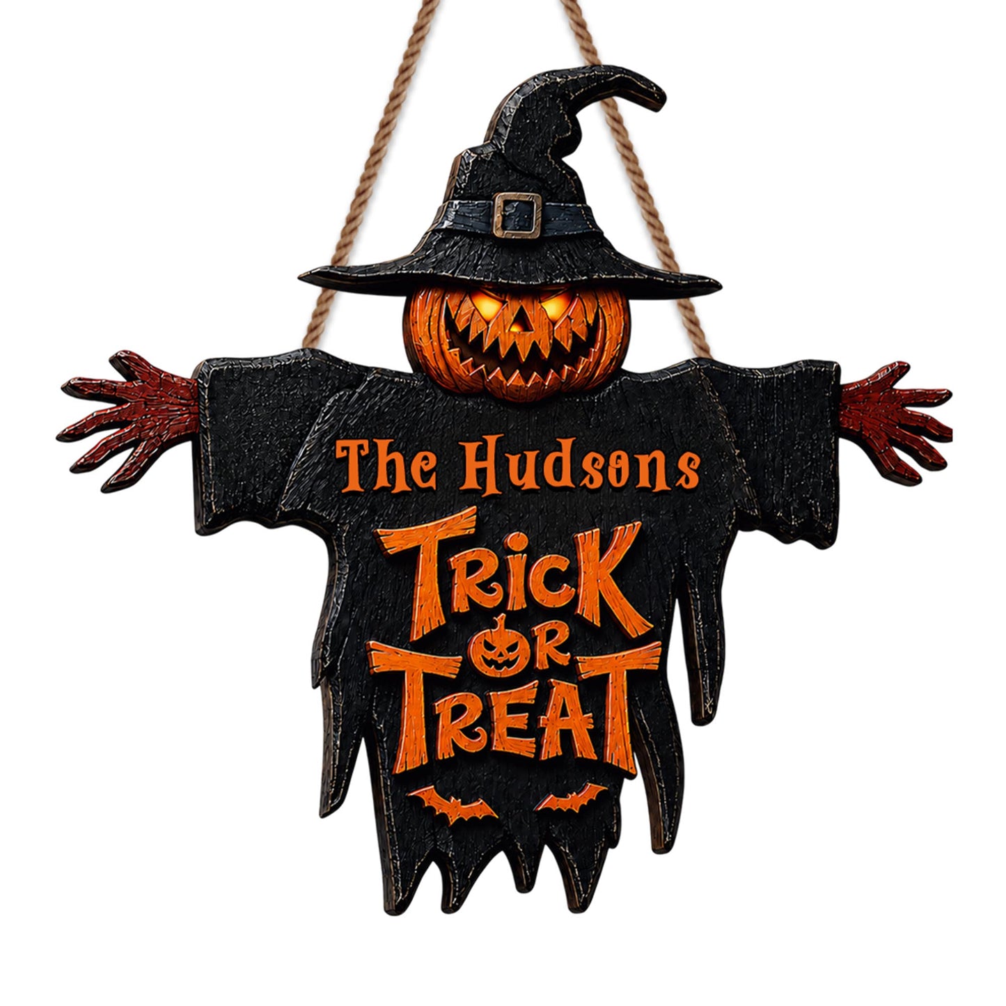 Trick Or Treat Scary Pumpkin Scarecrow With Witch Hat - Personalized Custom Shaped Wood Sign - HALW124_WSIGN
