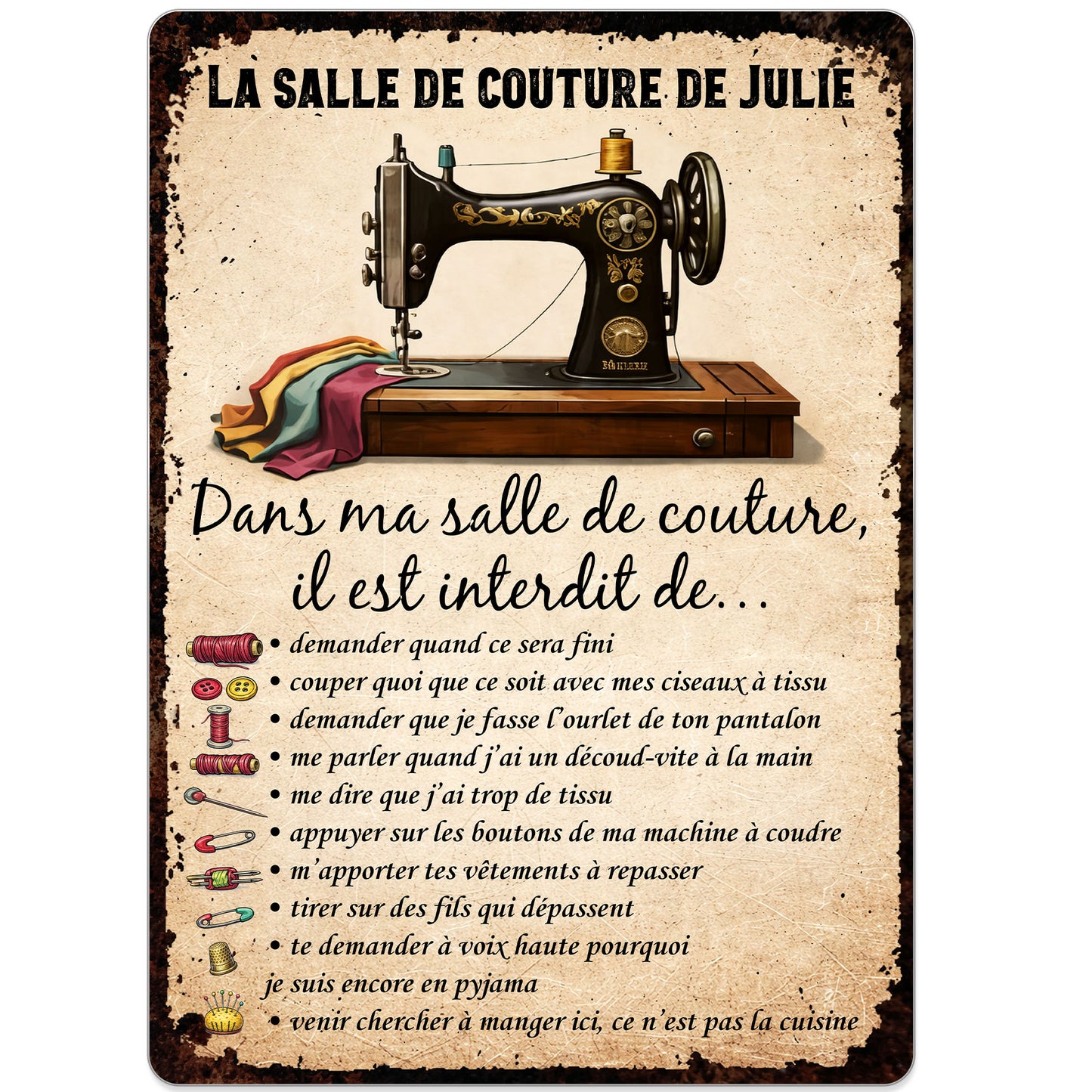 Dans Ma Salle De Couture, Sewing Machine and Fabric Design - Personalized Metal Sign - HAND003_MSIGN