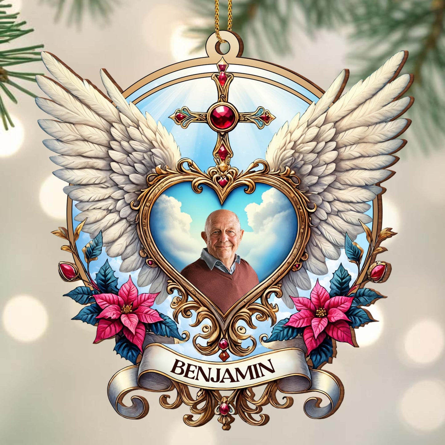 Cherished Memories Forever In Our Hearts With Wings And Flowers - Personalized Custom Wood Ornament, Custom Shaped - HME118_WDO