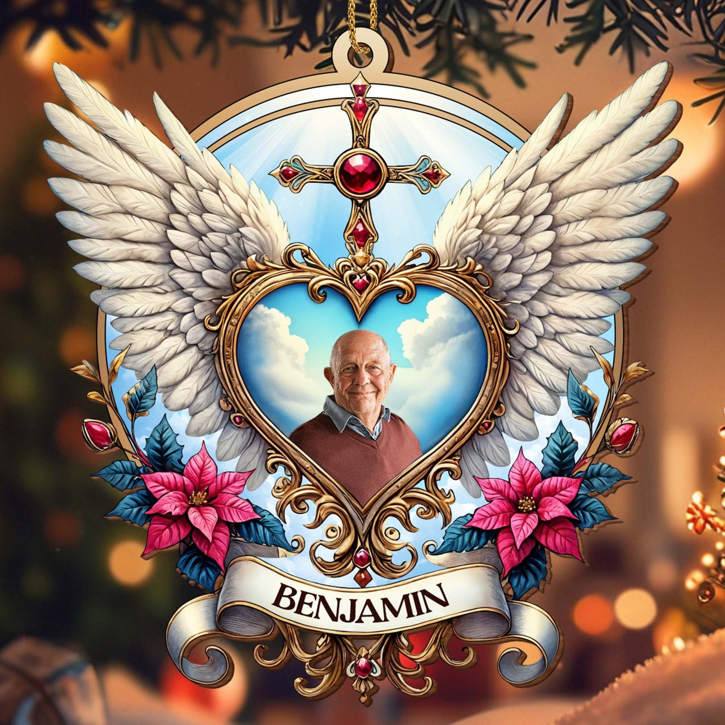 Cherished Memories Forever In Our Hearts With Wings And Flowers - Personalized Custom Wood Ornament, Custom Shaped - HME118_WDO