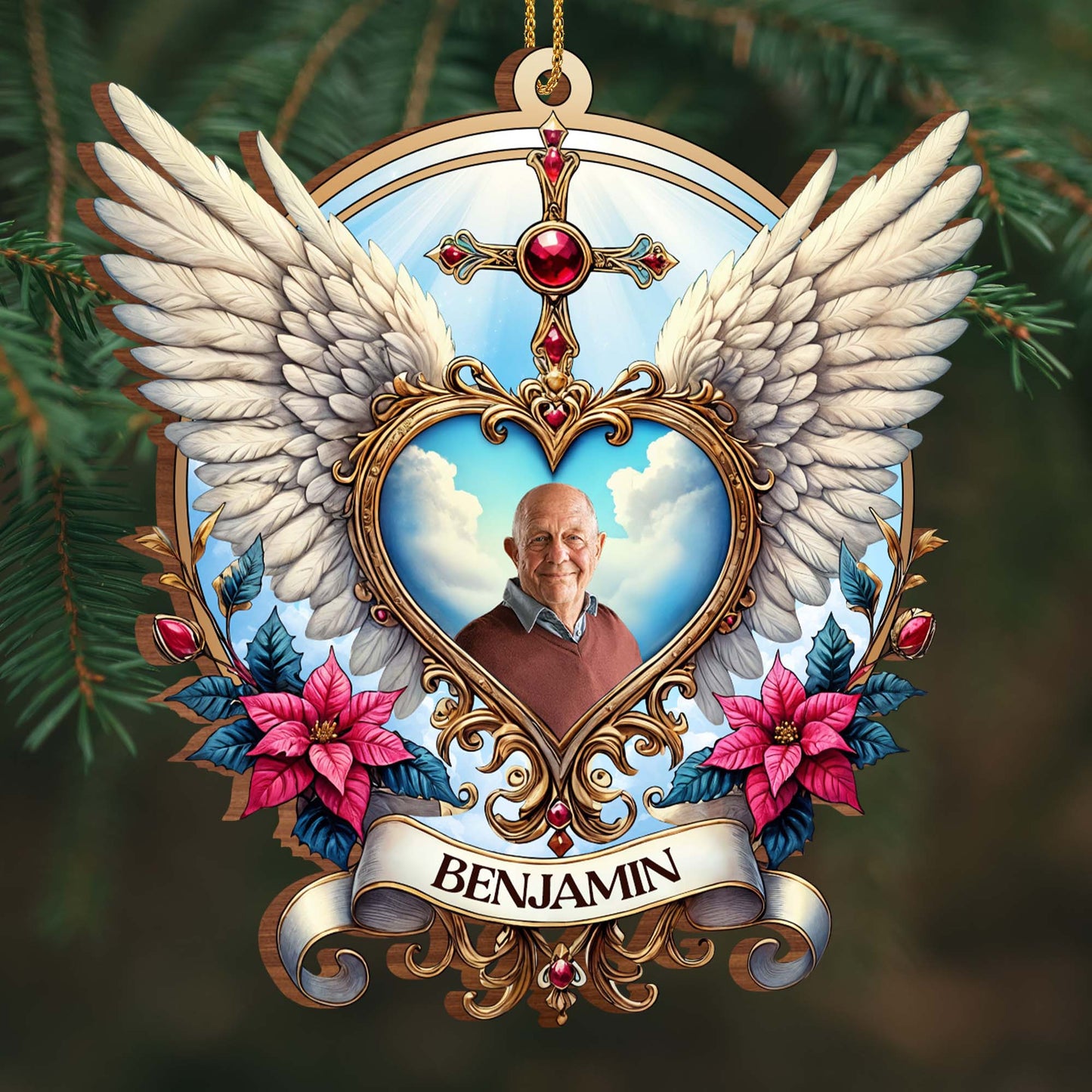 Cherished Memories Forever In Our Hearts With Wings And Flowers - Personalized Custom Wood Ornament, Custom Shaped - HME118_WDO
