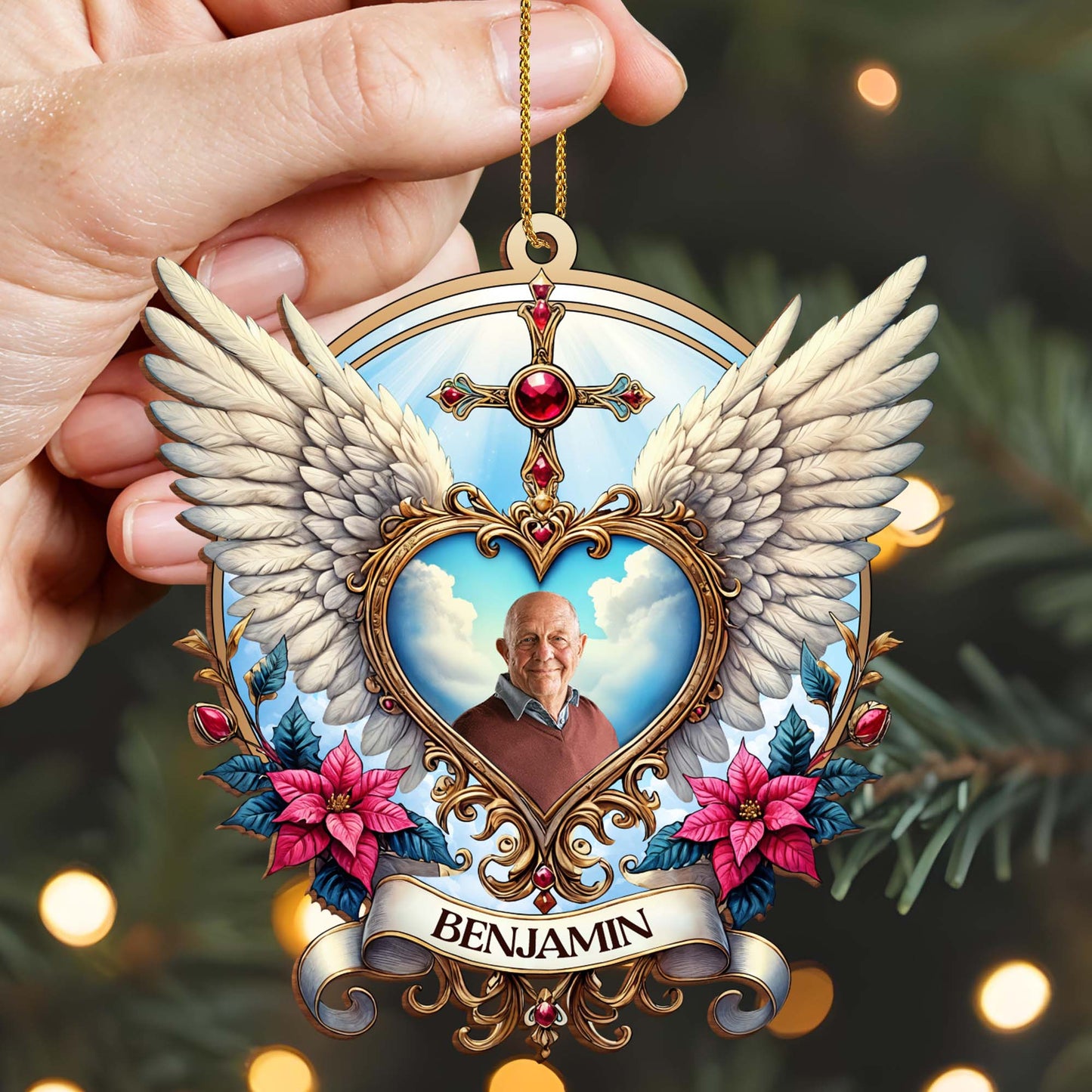 Cherished Memories Forever In Our Hearts With Wings And Flowers - Personalized Custom Wood Ornament, Custom Shaped - HME118_WDO