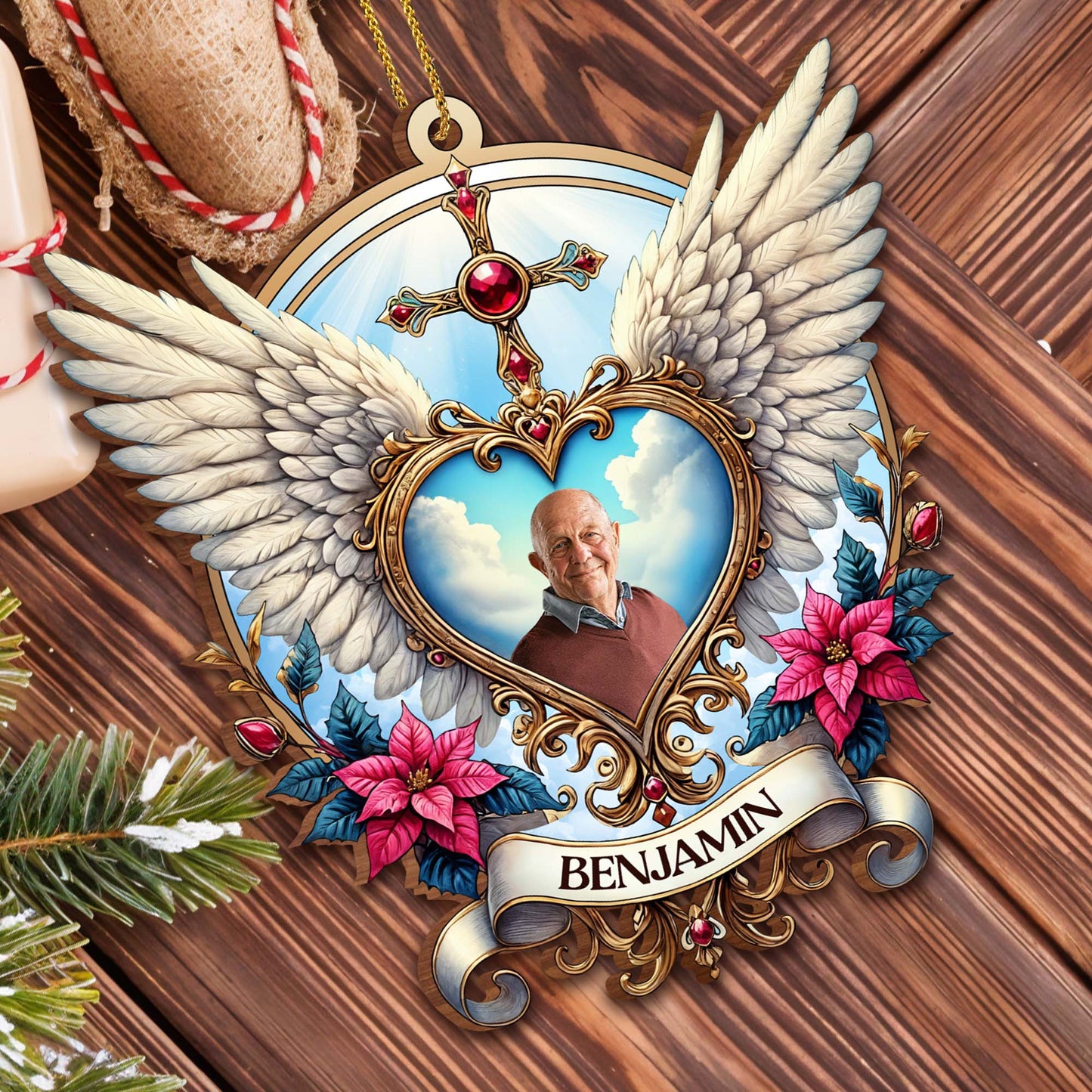 Cherished Memories Forever In Our Hearts With Wings And Flowers - Personalized Custom Wood Ornament, Custom Shaped - HME118_WDO