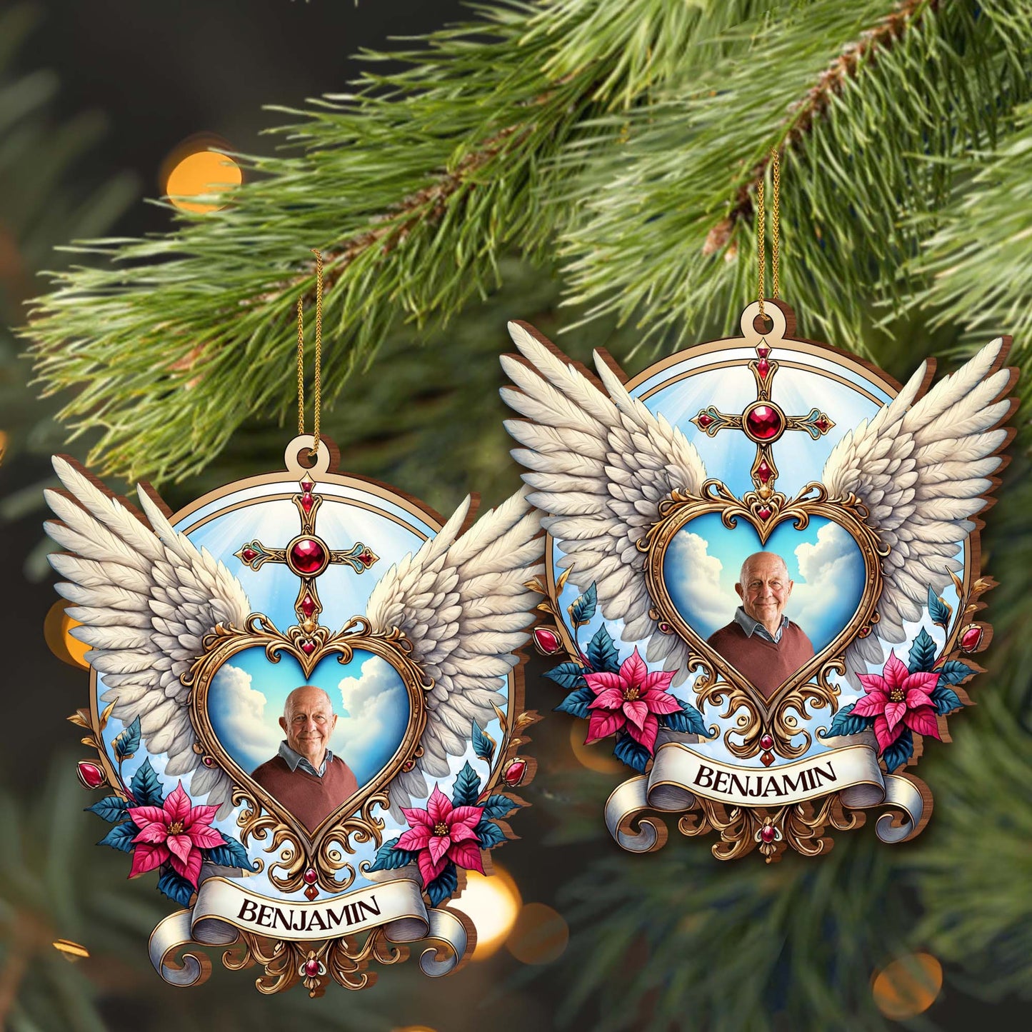 Cherished Memories Forever In Our Hearts With Wings And Flowers - Personalized Custom Wood Ornament, Custom Shaped - HME118_WDO