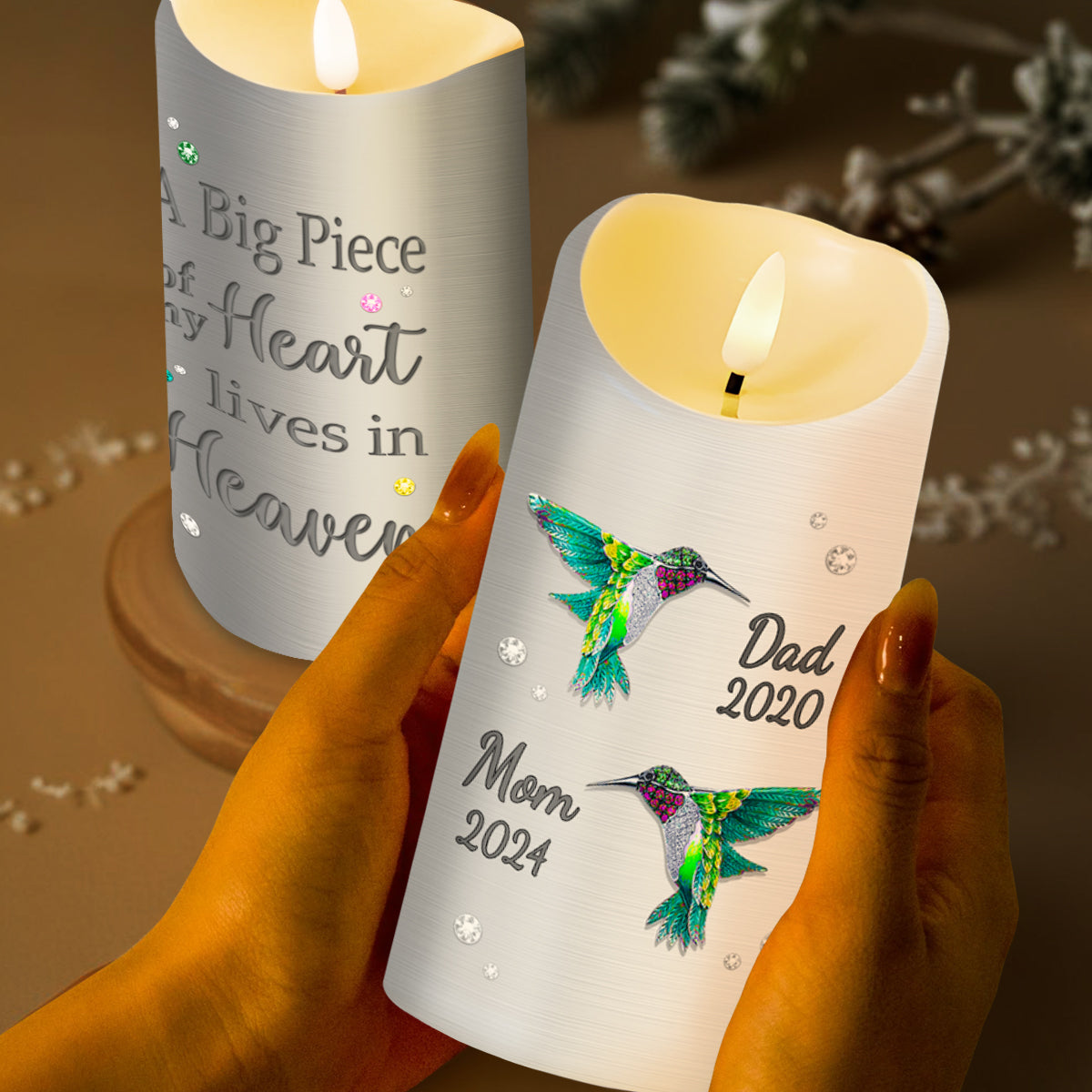 A Big Piece of My Heart Lives in Heaven With Hummingbirds - Personalized Custom LED Candle - HME121_LECA
