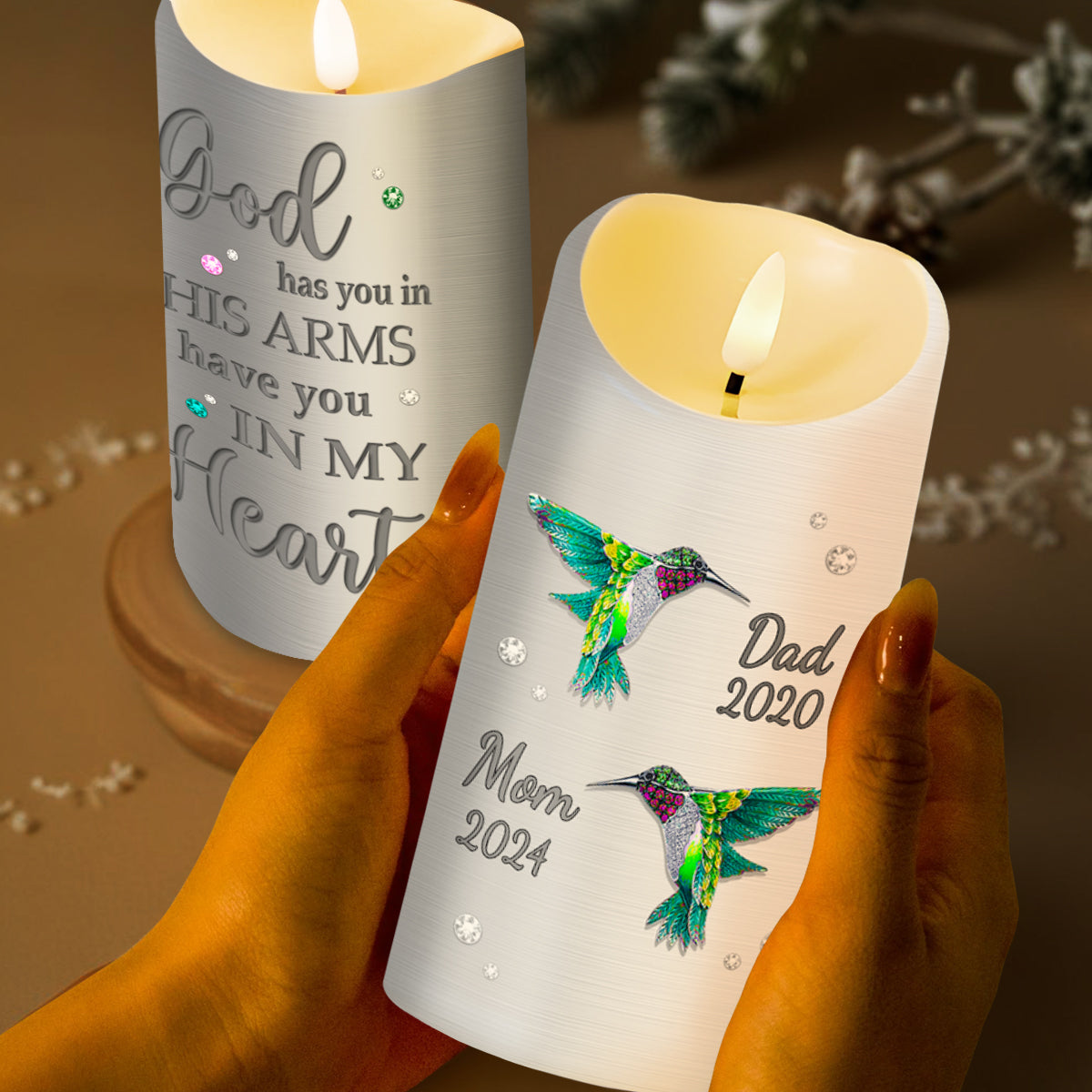 God Has You In His Arms, I Have You In My Heart With Hummingbirds - Personalized Custom LED Candle - HME122_LECA