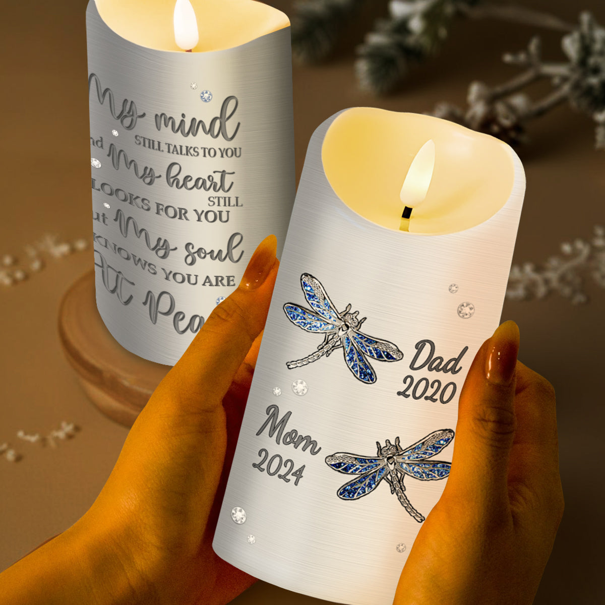 Soulful Remembrance LED Candle With Dragonflies And Flowers