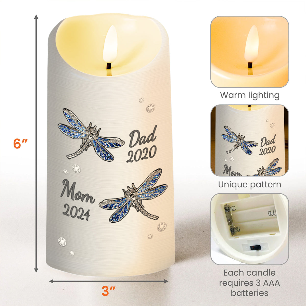 Soulful Remembrance LED Candle With Dragonflies And Flowers