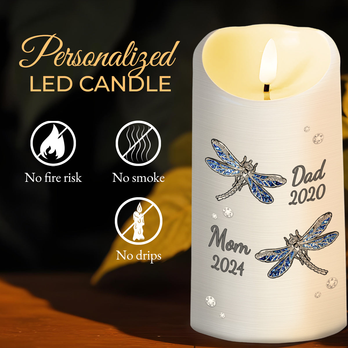 Soulful Remembrance LED Candle With Dragonflies And Flowers