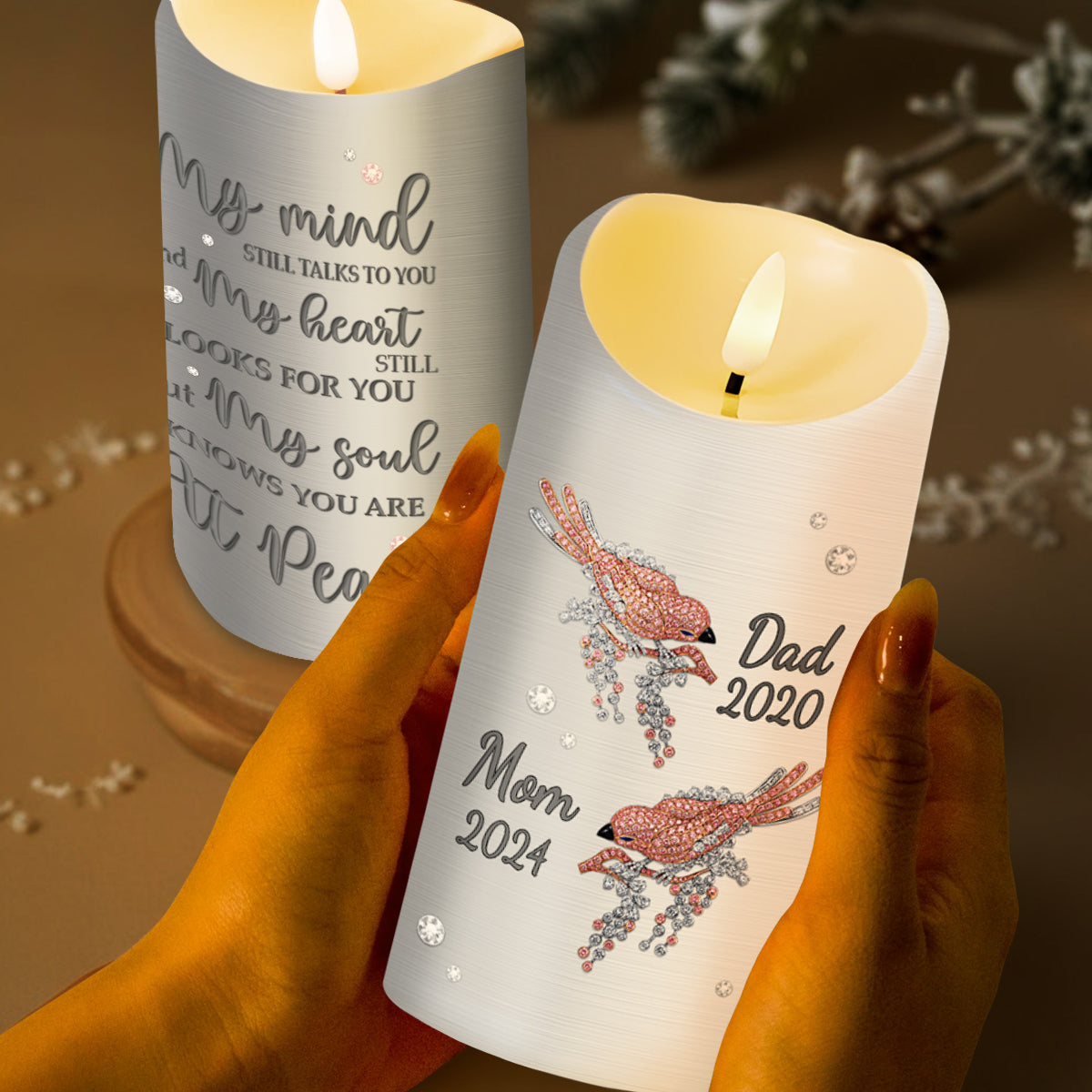 My Mind Still Talks to You Memorial Candle With Birds and Flowers - Personalized Custom LED Candle - HME130_LECA