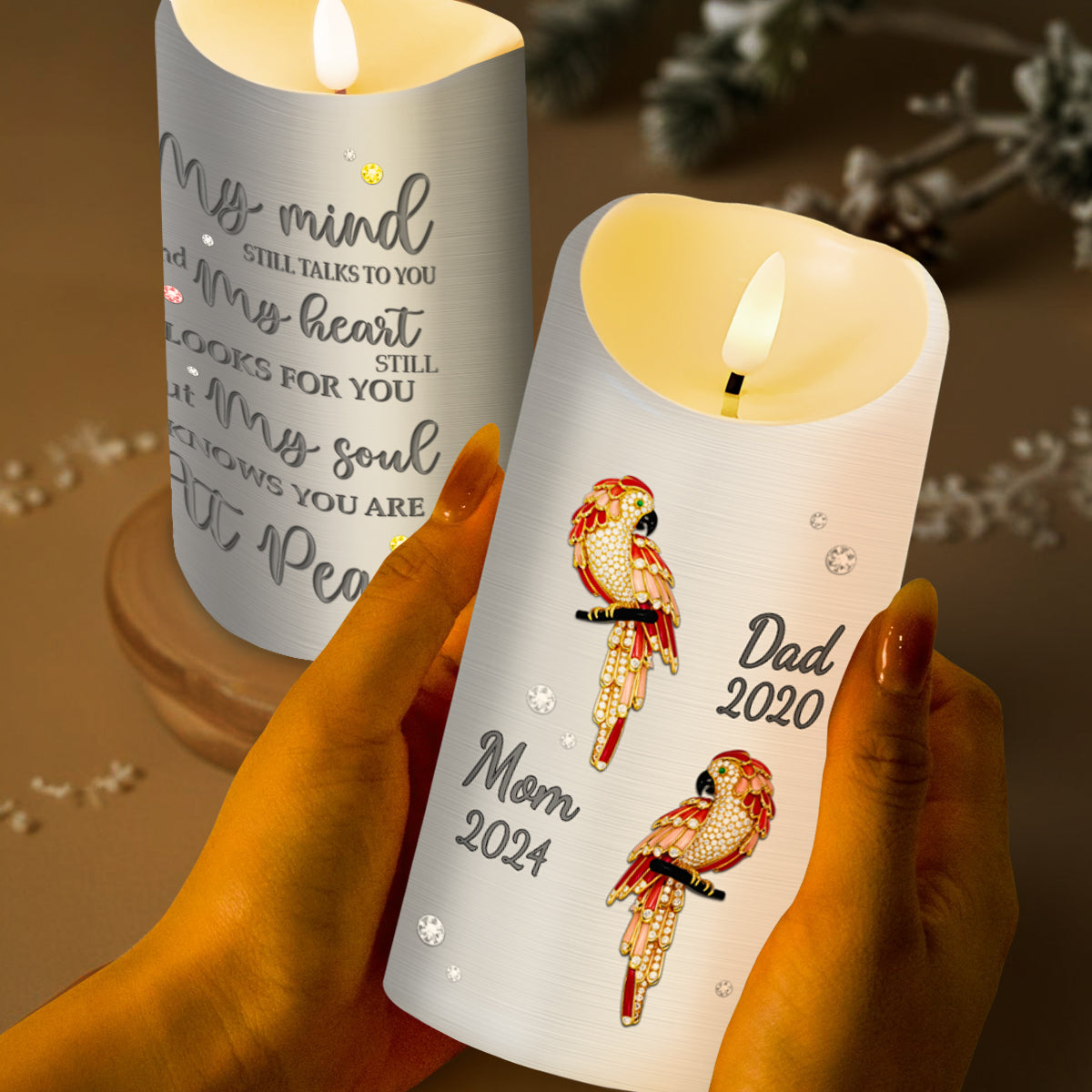 Soulful Peace LED Candle With Parrots And Floral Design - Personalized Custom LED Candle - HME132_LECA