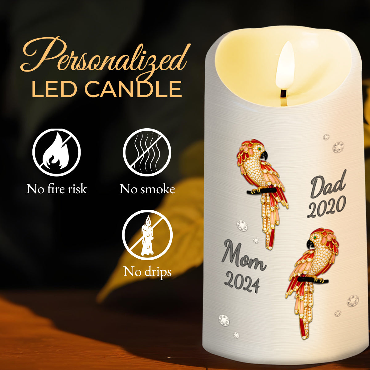 Soulful Peace LED Candle With Parrots And Floral Design - Personalized Custom LED Candle - HME132_LECA